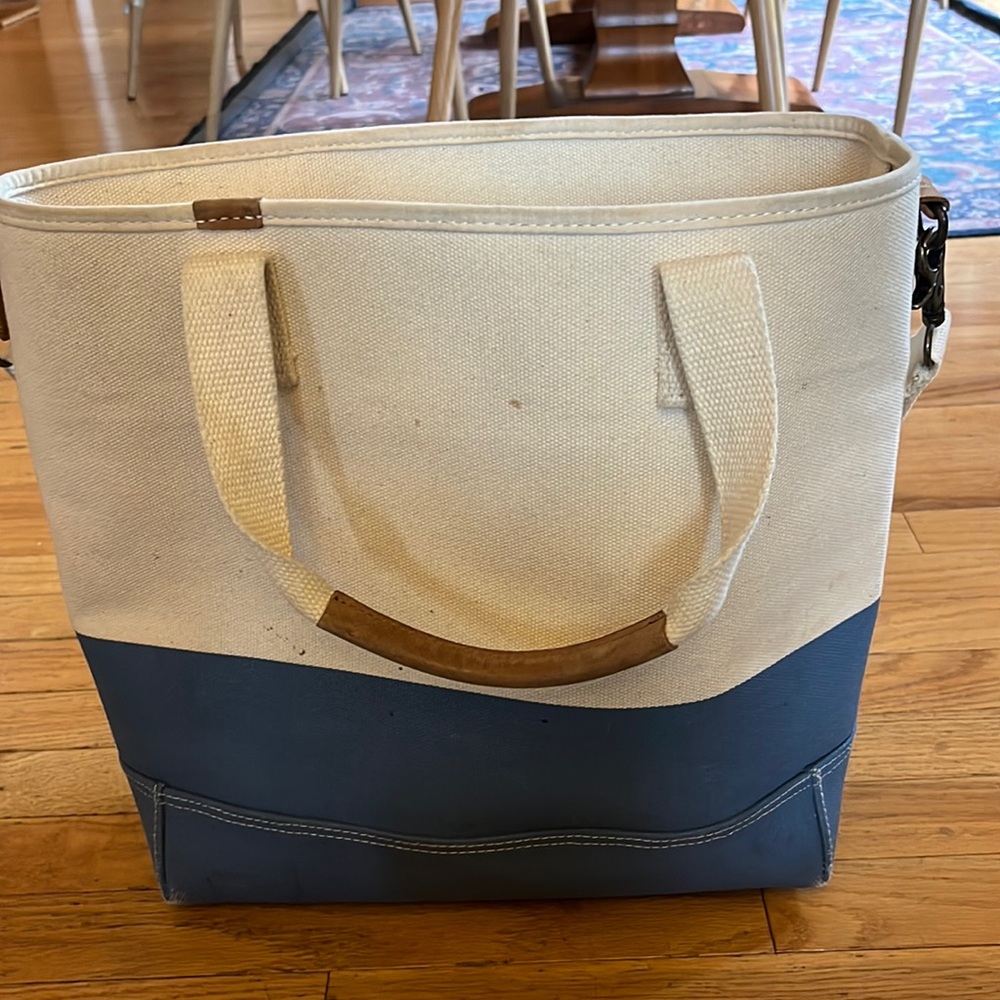 LL Bean Nor'Easter Tote Bag Zip-Top blue and Cream Medium